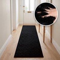 THE RUGS Lush Shaggy Plain Runner Rug Washable Non Slip Stain Resistant Hallway in Black | Size: 80 cm x 280 cm