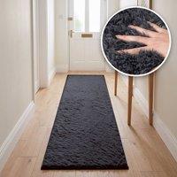 THE RUGS Lush Shaggy Plain Runner Rug Washable Non Slip Stain Resistant Hallway in Dark Grey | Size: 80 cm x 280 cm
