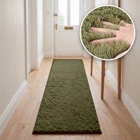 THE RUGS Lush Shaggy Plain Runner Rug Washable Non Slip Stain Resistant Hallway in Olive | Size: 80 cm x 280 cm
