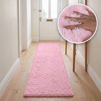 THE RUGS Lush Shaggy Plain Runner Rug Washable Non Slip Stain Resistant Hallway in Pink | Size: 80 cm x 280 cm