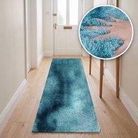 THE RUGS Lush Shaggy Plain Runner Rug Washable Non Slip Stain Resistant Hallway in Duck Egg Blue | Size: 80 cm x 280 cm