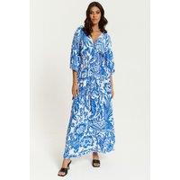 HOXTON GAL Women's Oversized V Neck Detailed Maxi Dress in Blue