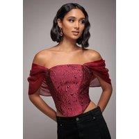 Goddiva Women's Off Shoulder Jacquard Top With Organza Wings in Burgundy | Size: 10