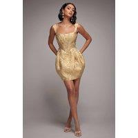 Goddiva Women's Corset Balloon Skirt Lace Up Back Mini Dress in Gold | Size: 10