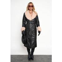 Public Desire Women's Faux Fur Trim Belted Faux Leather Trench Coat Black | Size: XS