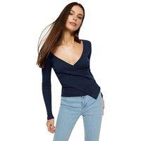 WOVCOR Women's V-Neck Wrap Long Sleeve Ribbed Knit Blouse in Navy | Size: XL