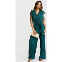 Faia Women's Plisse V Neck Drawstring Sleeve Jumpsuit in Dark Green | Size: XS
