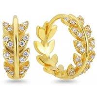 Angel Barocco Women's Sterling Silver Leaf Cubic Zirconia Hoop Earrings in Gold