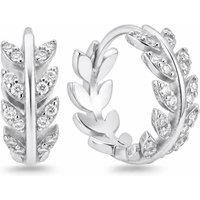 Angel Barocco Women's Sterling Silver Leaf Cubic Zirconia Hoop Earrings