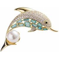 Angel Barocco Women's Dolphin Pearl Crystal Brooch - Gold