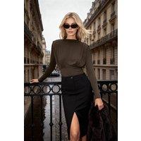 WOVCOR Women's Draped Long Sleeve Bodysuit in Khaki | Size: 12