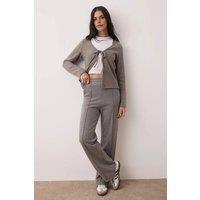 WOVCOR Women's 2-Piece V-Neck Textured Knit Top & Trousers Set with Tie Detail in Grey | Size: XS
