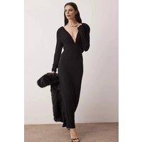 WOVCOR Women's Plunge Neck Long Sleeve Lined Knit Maxi Dress in Black | Size: 6