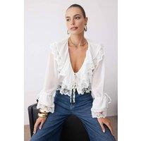 WOVCOR Women's Lace Trim Ruffle Detail Tie Front Woven Blouse in Ecru | Size: 14