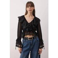 WOVCOR Women's Lace Trim Ruffle Detail Tie Front Woven Blouse in Black | Size: 10