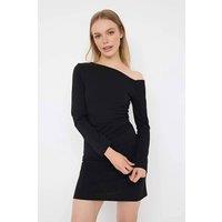 WOVCOR Women's Off the Shoulder Long Sleeve Draped Mini Ribbed Knit Dress in Black | Size: XS