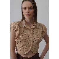 WOVCOR Women's Broderie Anglaise Lace Collar Cotton Cap Sleeve Crop Shirt in Stone | Size: 8