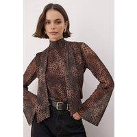 WOVCOR Women's Animal Print Sheer Stretch Knit Blouse with Tie Neck | Size: XS