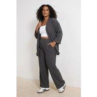 WOVCOR Women's Textured Relaxed Fit Open Front Top & Wide Leg Trouser Co-ord Set in Dark Grey | Size: 3XL
