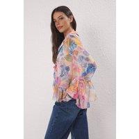 WOVCOR Women's Abstract Tie Front Sheer Printed Shirt | Size: 6