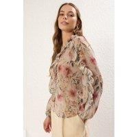 WOVCOR Women's Floral Ruffle Detail Sheer Printed Shirt | Size: 6