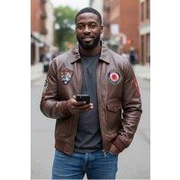 Infinity Leather Men's Flying Leather Bomber Aviator Collar Jacket - Vanguard in Brown | Size: Medium