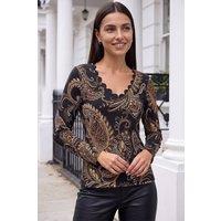 Roman Women's Paisley Puff Print ITY Top in Black | Size: 12