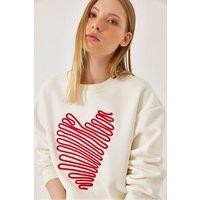 Bianco Lucci Women's Embroidered Crew Neck Cotton Sweatshirt in White | Size: Large