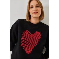 Bianco Lucci Women's Embroidered Crew Neck Cotton Sweatshirt in Black | Size: Small