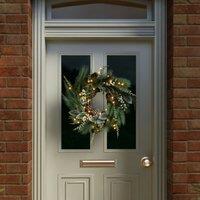 Charles Bentley Indoor Outdoor 55cm Pre-Lit White Berry & Pinecone Eucalyptus Wreath in Green