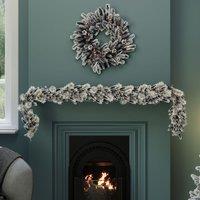 Charles Bentley Pre-Lit Snowy Red Berry & Pinecone Garland in White