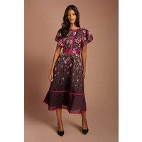 Coast Women's Petite Placement Print Frill Sleeve Midi Dress in Fig | Size: 12