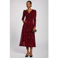 Jolie Moi Women's Long Sleeve Print Mesh Maxi Dress in Dark Red | Size: 12