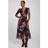 Jolie Moi Women's Double Layer Printed Mesh Maxi Dress in Dark Navy | Size: 16