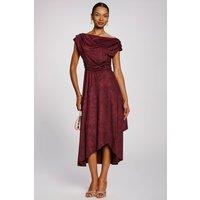 Jolie Moi Women's Asymmetrical Drap Textured Sheen Midi Dress in Burgundy | Size: 8