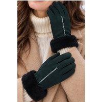 Fenland England Women's Real Sheepskin Suede Gloves with Fur in Dark Green | Size: S/M