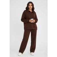 STYLEWISE Women's Rugby Top & Straight Leg Trouser Co-ord Set - Interlock - Two Piece in Chocolate | Size: XS/S