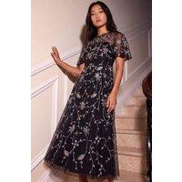 Roman Women's Petite Embroidered Mesh Midi Dress in Black | Size: 14