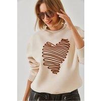 Bianco Lucci Women's Embroidered Crew Neck Cotton Sweatshirt in Cream | Size: Medium