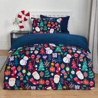 OHS Christmas Duvet Cover Pillowcase Bedding Set Present Teddy Fleece Quilt in Dark Navy | Size: Single