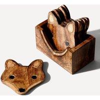 Sass & Belle Set of 6 Wooden Fox Coasters - Mango Wood, Carved Details, Storage Box in Brown | Size: 6 Pack