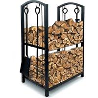 Crystals 2 Tier Firewood Rack Black Log Holder with Hooks & 4 Tools