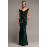 Goddiva Women's Sequin & Velvet Off-The Shoulder Wrap Maxi Dress in Emerald | Size: 14