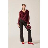 James Lakeland Women's Sheer-Sleeve Ruffle Burgundy Blouse | Size: 14