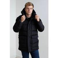 French Connection Men's Hooded Parka Longline Zip-Through Jacket in Black | Size: XL
