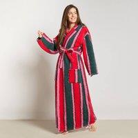 OHS Stripe Print Teddy Fleece Floor Length Dressing Gown Hooded Bathrobe in Green