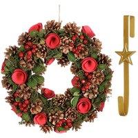 Dibor 35cm Red Berries & Roses Christmas Wreath with Star Wreath Hanger