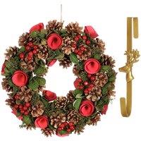 Dibor 35cm Red Berries & Roses Christmas Wreath with Deer Wreath Hanger
