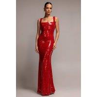 Goddiva Women's Sleeveless Square Neck Sequin Mermaid Maxi Dress in Red | Size: 12