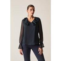 James Lakeland Women's Sheer-Sleeve Ruffle Navy Blouse | Size: 12